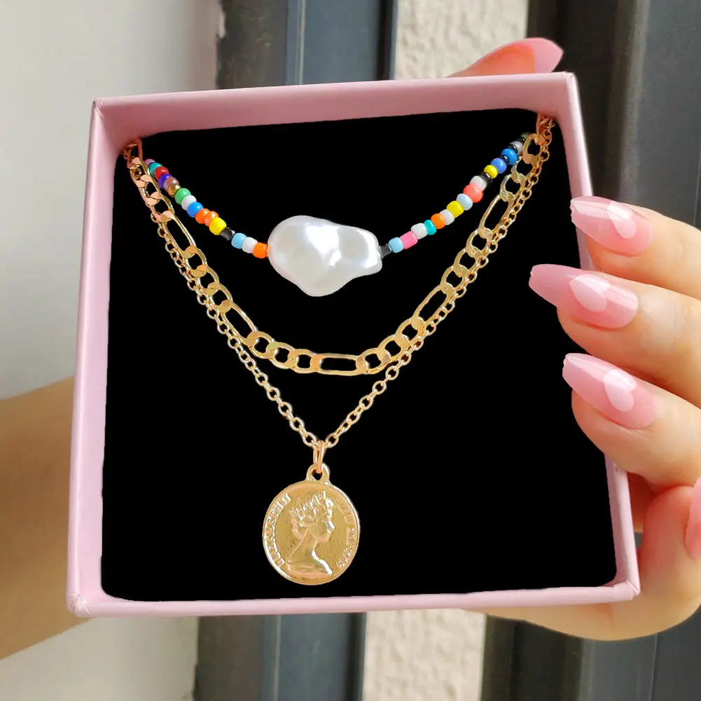 

Multi-layer Colorful Rice Bead Link Chain Necklace For Women Irregular Pearl Portrait Coin Charm Necklace, Gold plated