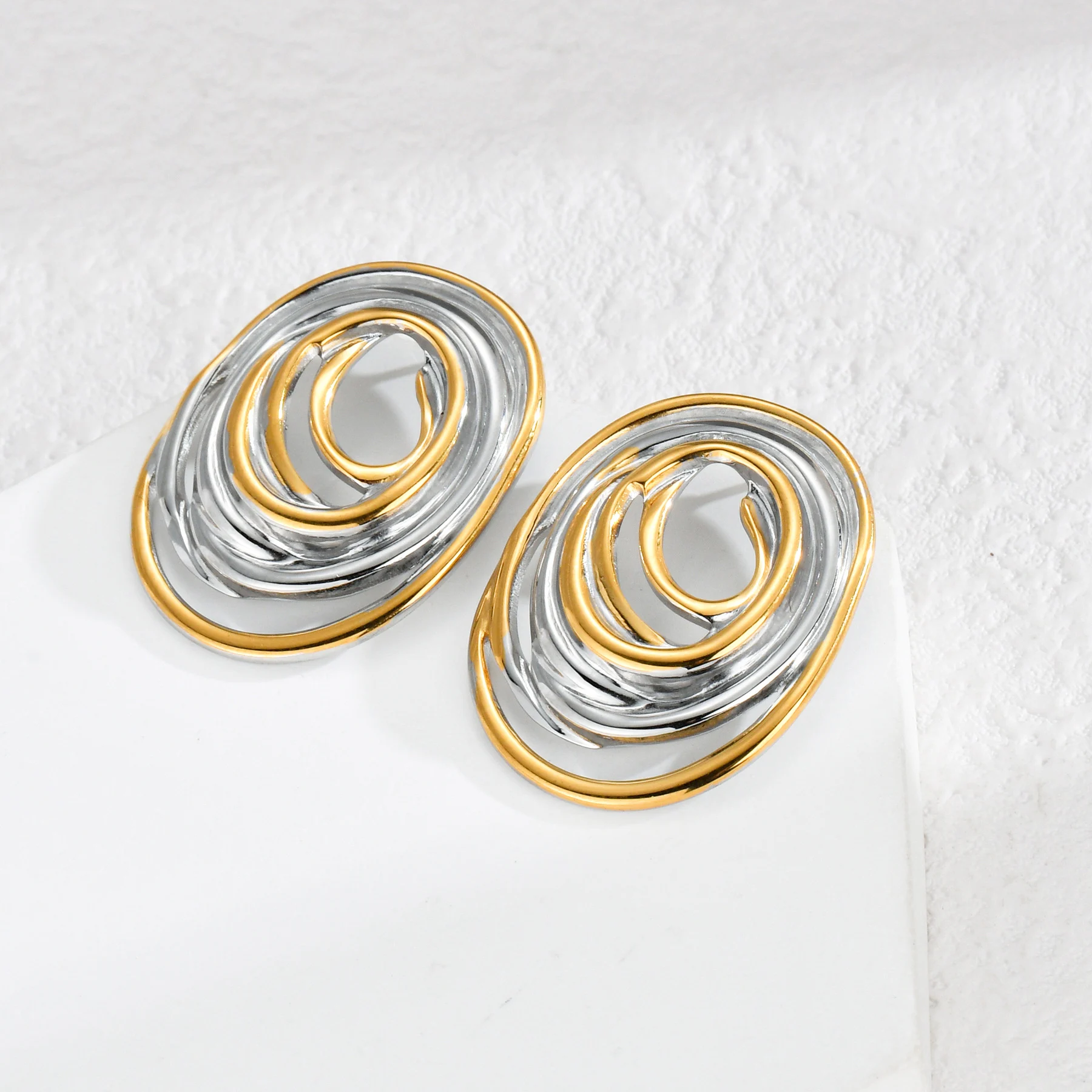 YF3982 Stainless Steel 18k Gold Plated Unique Design Waterproof Irregular Geometric Shape Two Tone Women Earrings