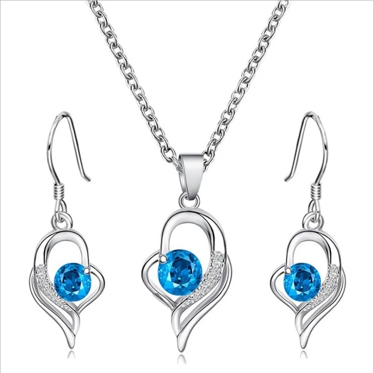 

Accessories set temperament blue diamond heart necklace clavicle chain ladies love earrings plating silver earrings pendant, As the picture show