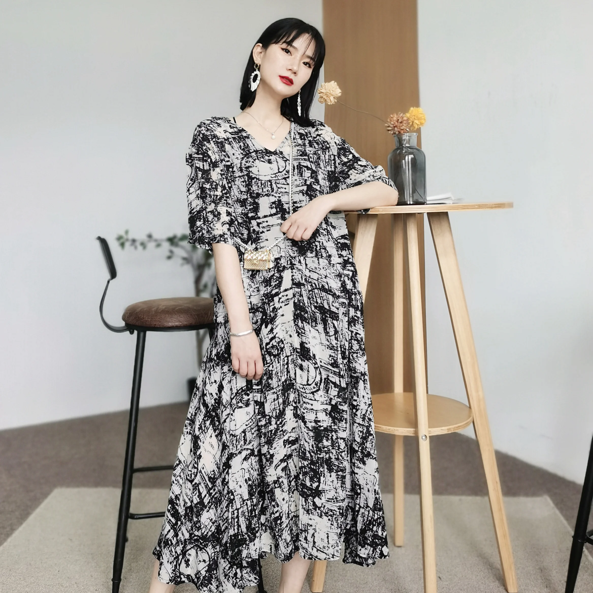 

High Quality Robe 2021 New Arrivals Tie Dye Short Sleeve V-neck Korean Clothes Long Printed Casual Dresses