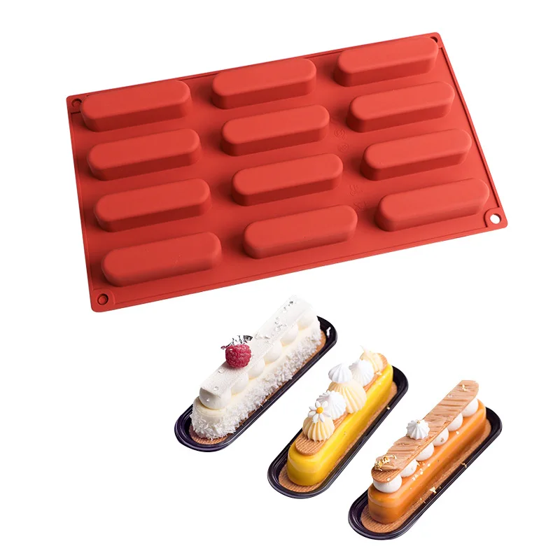

12 Cupcake Bread Silicon Baking Finger Shape Eclairs Silicone Mold, Red