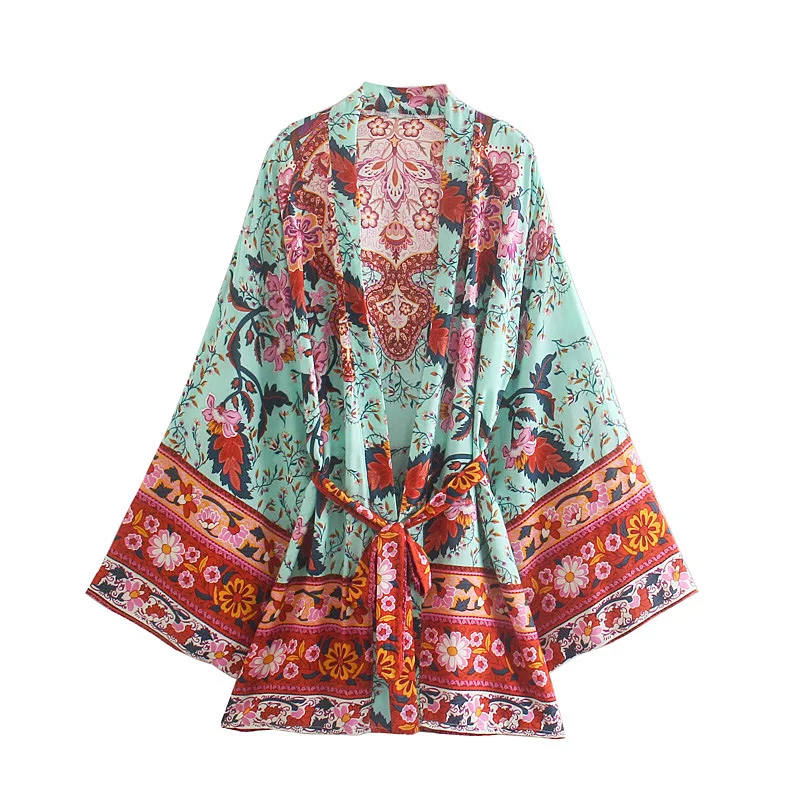 

100% Cotton Floral Boho Cover Ups 3/4 Sleeve Loose Plus Size Women Kimono Blusas