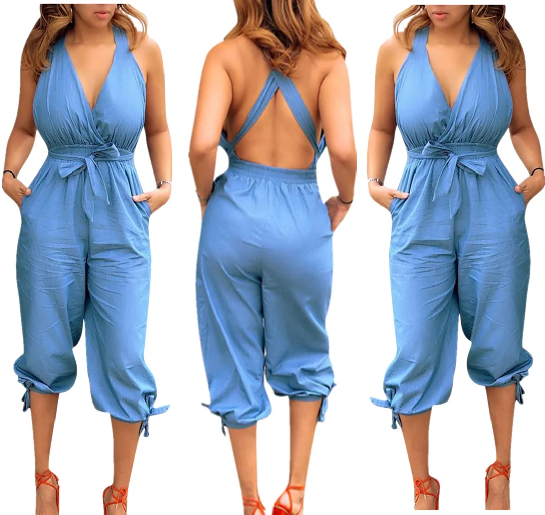 

Women Off Shoulder Loose Playsuit Romper Long Jumpsuits Slim Wide Leg Casual V-neck and plus-size jumpsuits