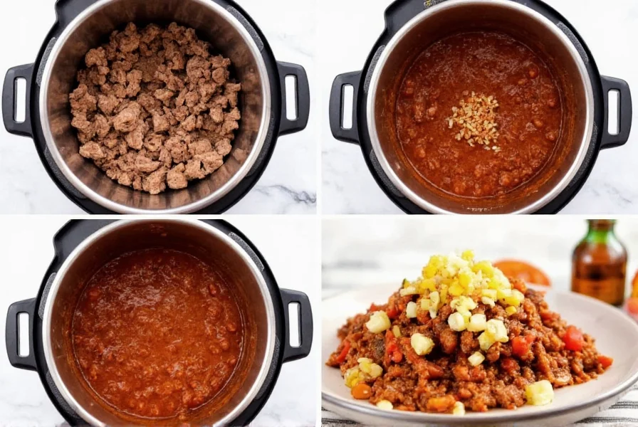 Step-by-step Instant Pot chili cooking process showing browning meat, adding ingredients, and final plated chili with toppings