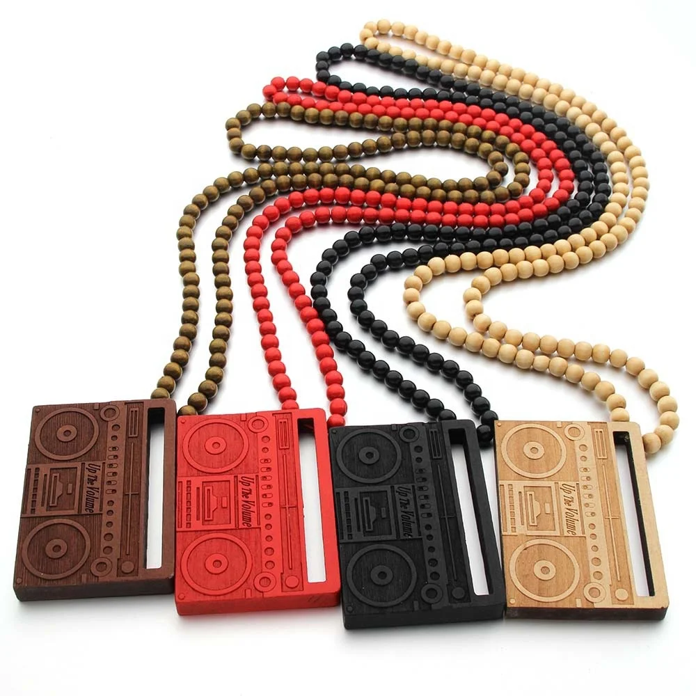 

Wholesale Wooden Necklace Portable Radio HipHop Accessories Wood Necklace