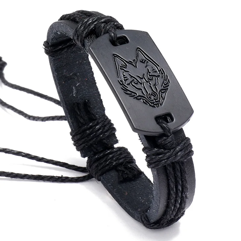 

punk men's leather bracelet black wolf head bracelet multi-layer woven bracelet leather rope to send boyfriend