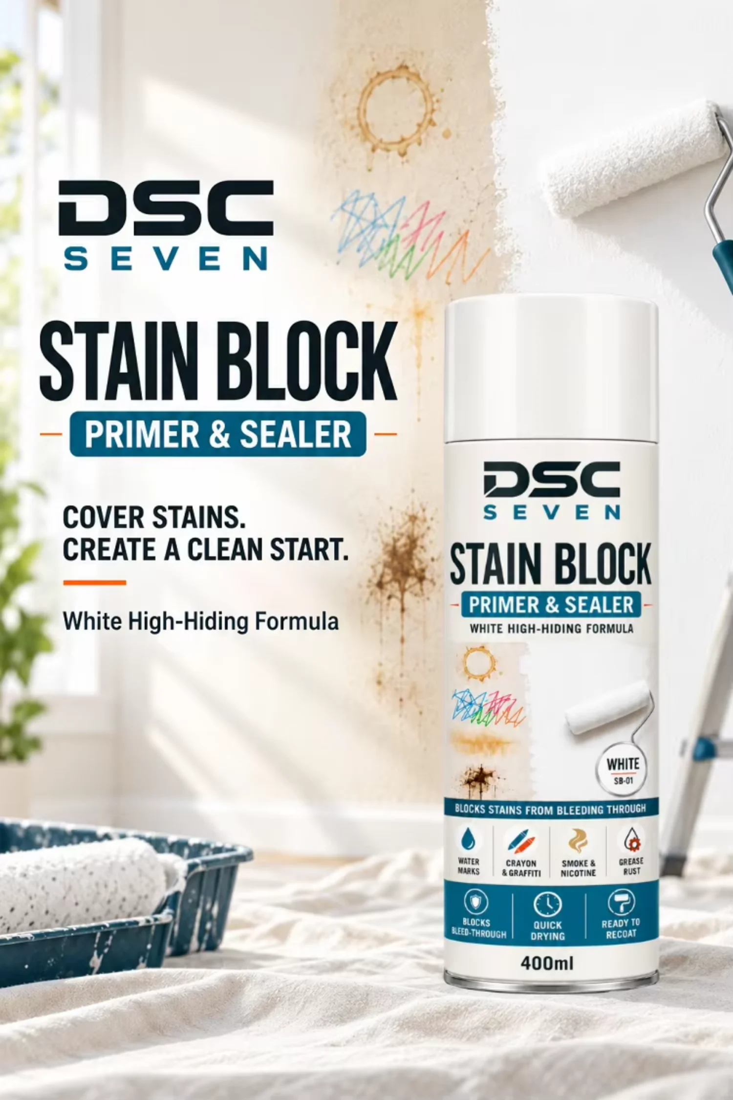 Stain Blocking Acrylic Primer Spray Paint Water-based Matte for for Ceiling Wall Door Repaint