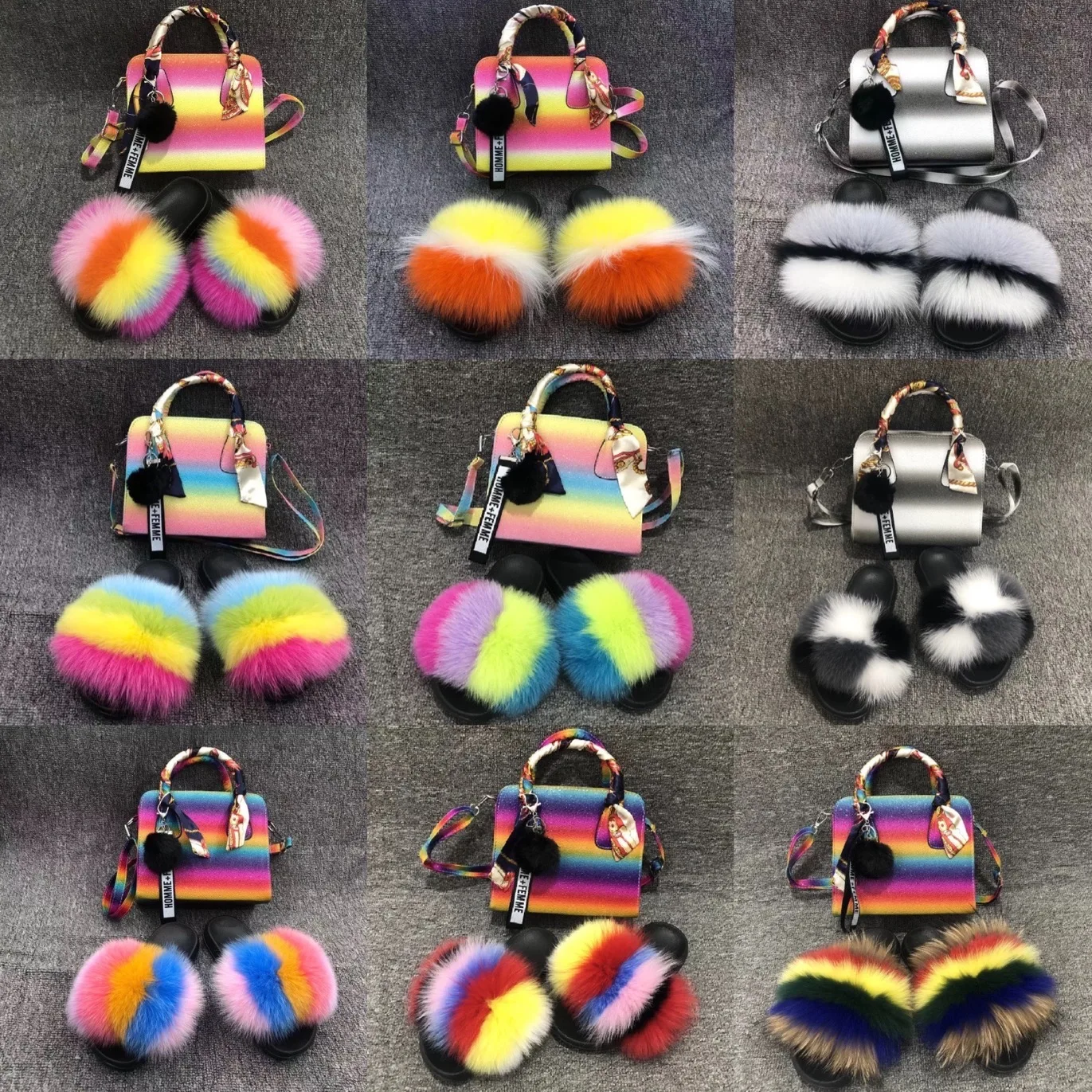 

2021 Rainbow furry soft real fox fur slides and handbag set for women fox fur slipper and matching purse colorful slides sets