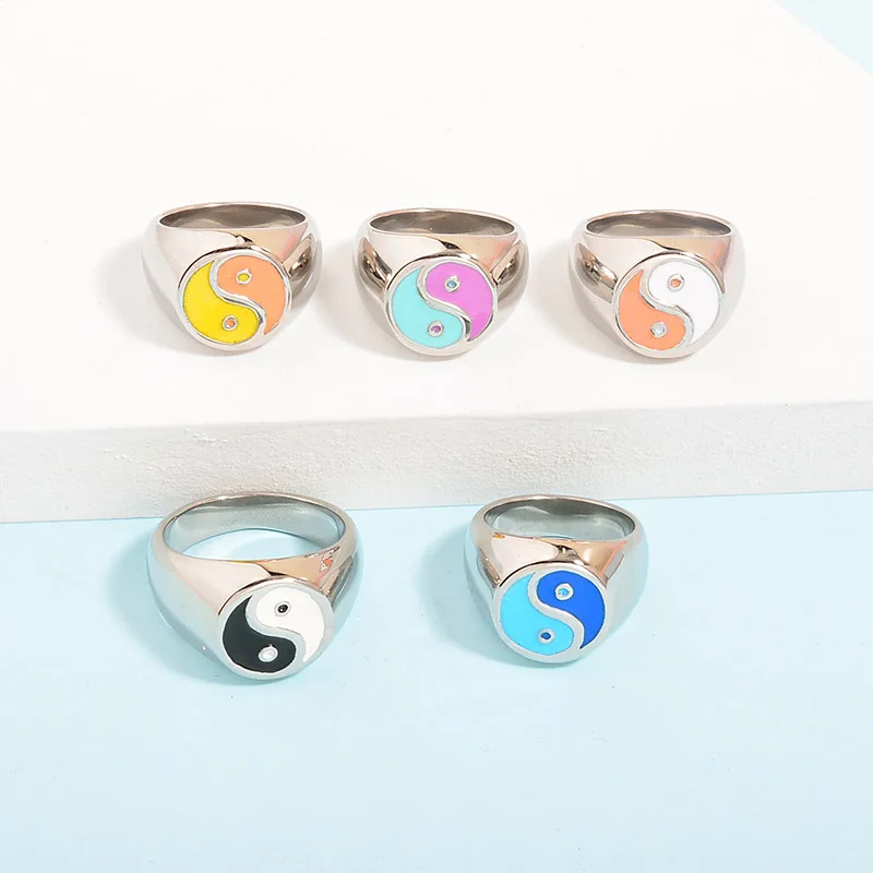 

Stainless Thock Band Big Signet Finger Ring Women Faith Colored Yinyang Jin Yin Yang Rings