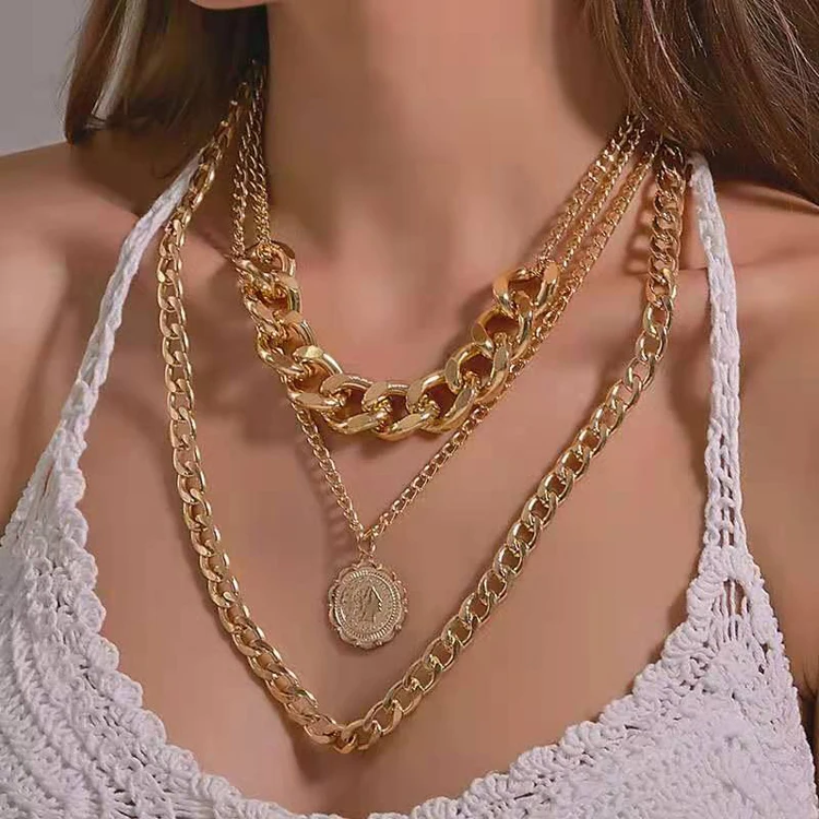

Exaggerated punk style multi-layer thick chain chain clavicle chain 2021 new hip-hop gold coin pendant necklace female