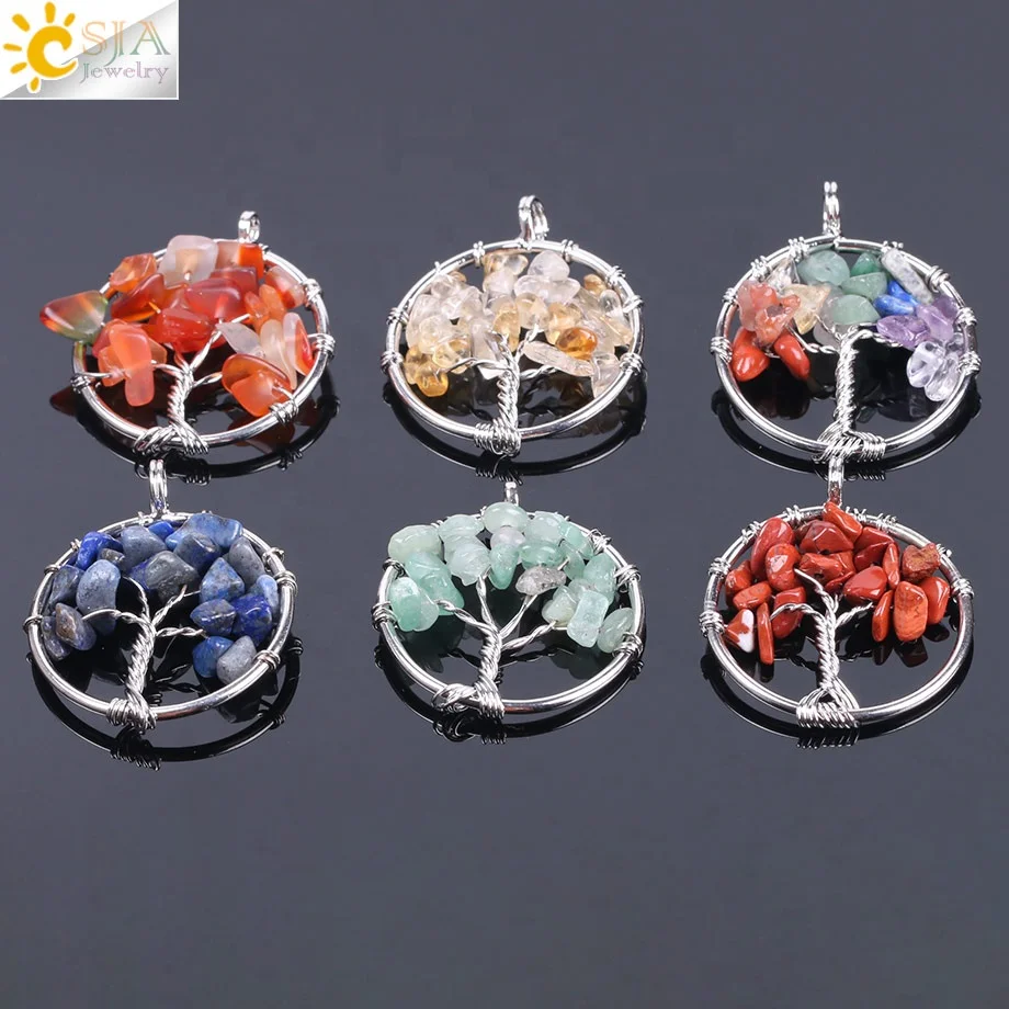 

CSJA wholesale 7 chakra wire wrapped lucky riches natural stone crystal chip amethyst tree of life pendant jewelry necklace F141