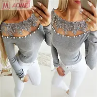 

S11011 wholesale price sexy off the shoulder rippled edge pearl lace perspective beading Clothes tops Woman