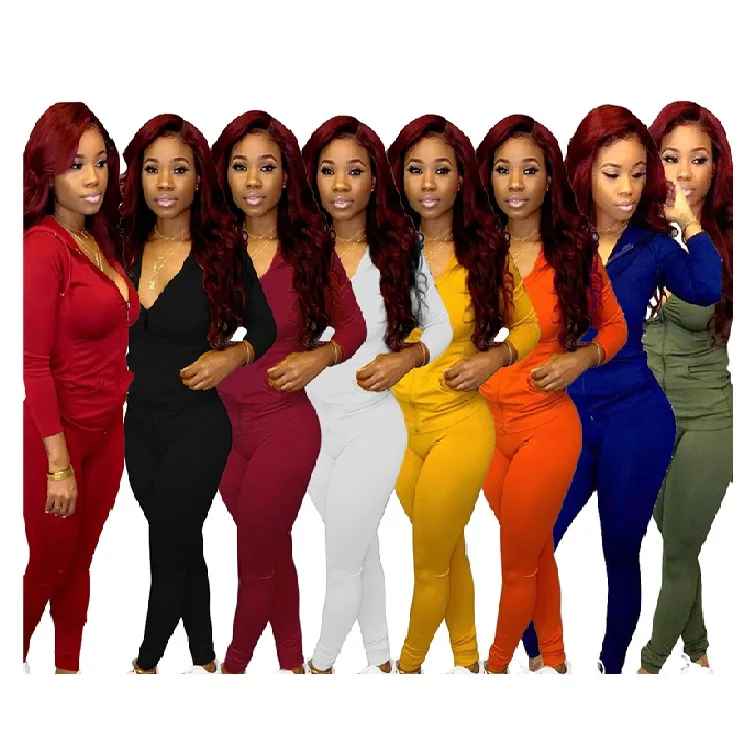 B3023 women's solid color leisure long sleeve fall Wholesale Women 2 Piece Set Clothing