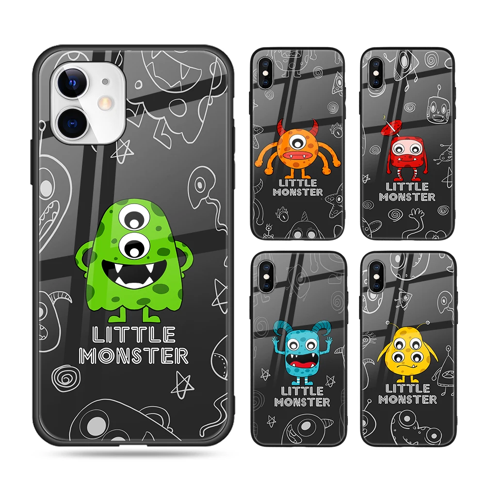

Cartoon Cute Little Monster Original Designs Tempered Glass Hard Phone Casings for iPhone 13 12 11 , Durable Mobile Case, Multiple