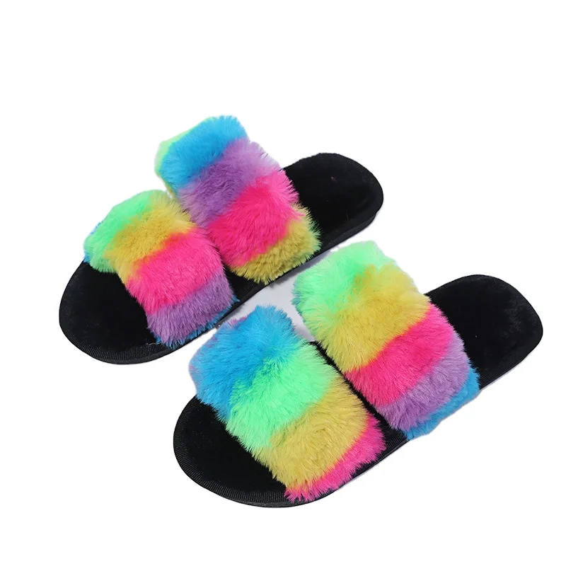 

Women Summer Colorful Slides Winter Warm Indoor Fur Slippers Ladies Sandals Ladies Fur Shoes Faux Fox Fur Shoes, Purple / green / pink