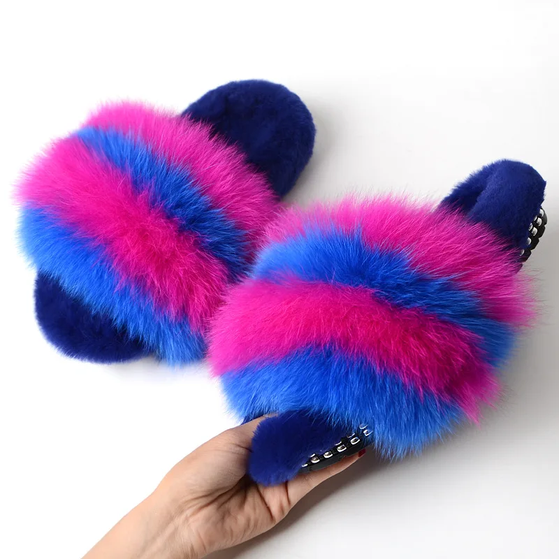 

New Arrival Real Fur Furry Slippers for Women Spring Casual Plush Shoes Designer Woman's Shoe