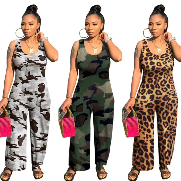 

0420M169 Wholesale Good Quality Sleeveless Long Pants Leopard Printing Camouflage One Piece Jumpsuit Women Jumpsuits And Rompers