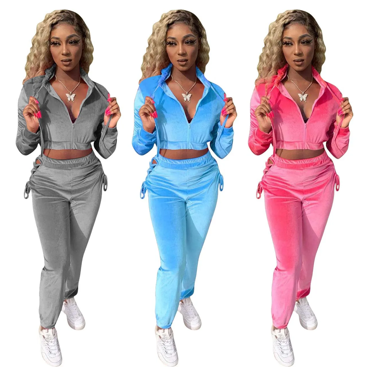 

Custom Women Outfit Tracksuit Set 2 Piece Sweatsuit Set Joggers Womens Jacket Velvet Velour Two Piece Pants Set, 3 color