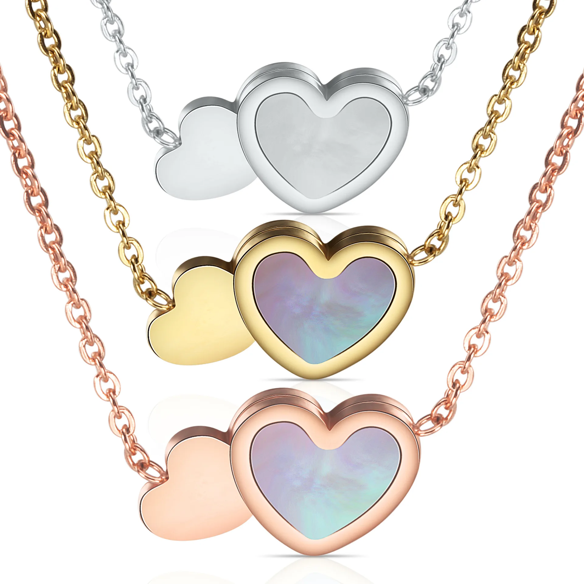 

Fashion Jewelry Necklace Small Fresh Double Love Heart Collarbone Chain Stainless Steel Gold Plated Necklace Women