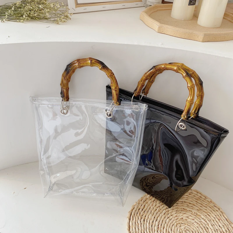 

Transparent clear recycled materials fabtic pack plastic pvc tote bag with bamboo wooden handle for women
