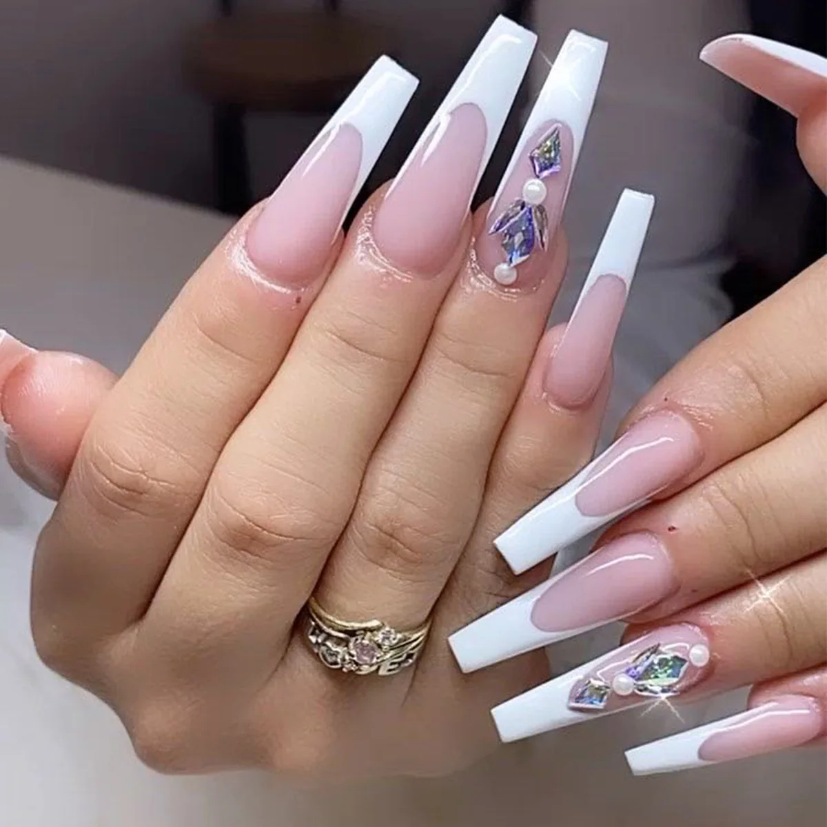 

Hot Sale 24 Pc/box Artificial Ballerina French Nails with Rhinestone Full Cover Fake Nails Designed Press On Nails Packaging Box, Picture