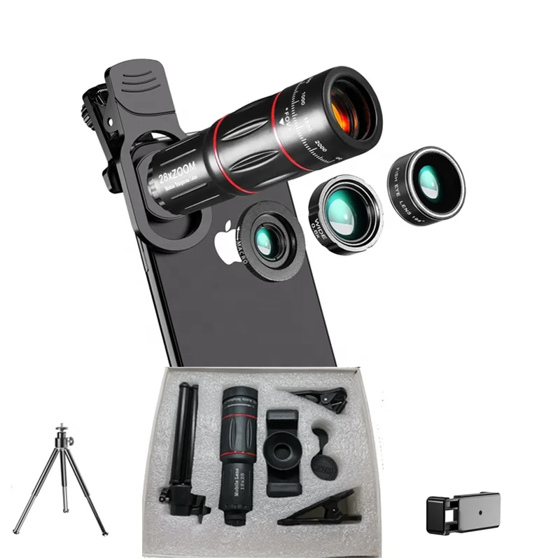 

28X HD Telephoto Lens Fisheye Wide Angle Macro Closeup Shot Telescope Mobile Phone Camera Lens Kit for iPhone for Cell Phones