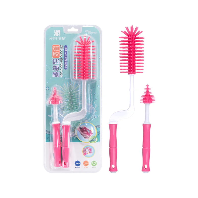 
Factory wholesale bpa free silicone 360 degree rotary baby bottle cleaning brush set 