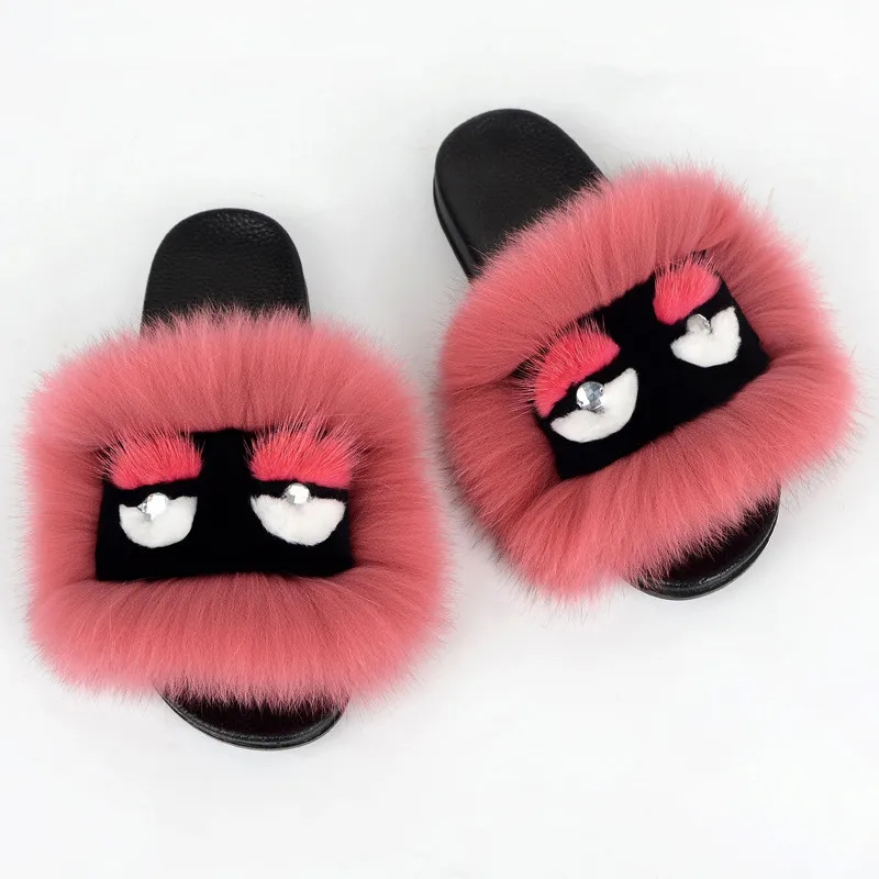 

New Design, Fox Slide Custom Logo And Color Mixed Fluffy Real Mink Slippers Fur Slides Slipper, Customized color