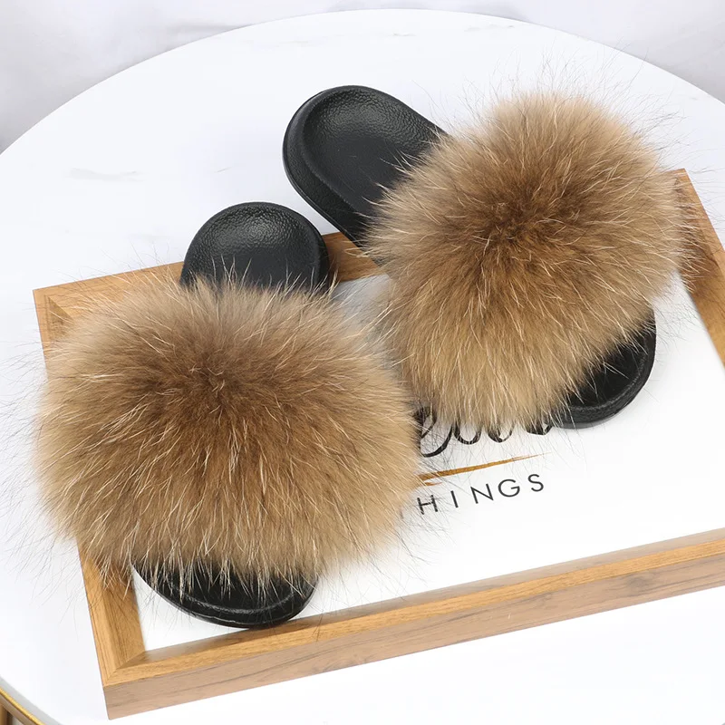 

Fur Slippers Women Real Fox Fur Slides Home Furry Flat Sandals Female Cute Fluffy House Shoes 2020, Pictures shown