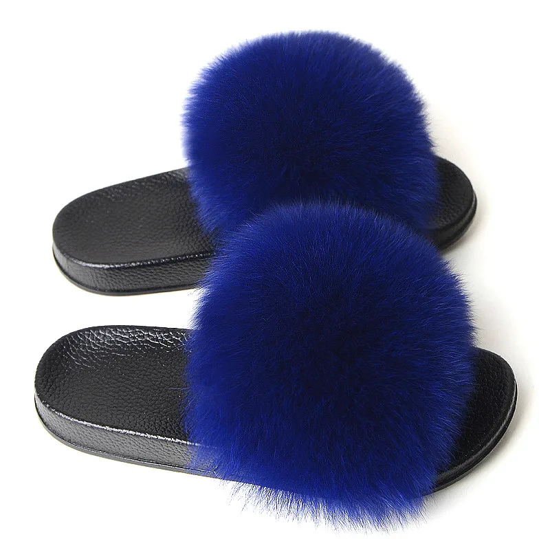 

Cheap fashion Plush real Fox Hair Slippers Women's fluffy fur sandals Furry holiday outdoor slides for women, As pictures or customized