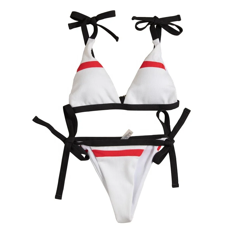 

2020 New Fashion Sexy Swimming Suit Backless Bathing Suit Striped Bathwear Padded Beachwear Women's Bikini Set Swimwear, White
