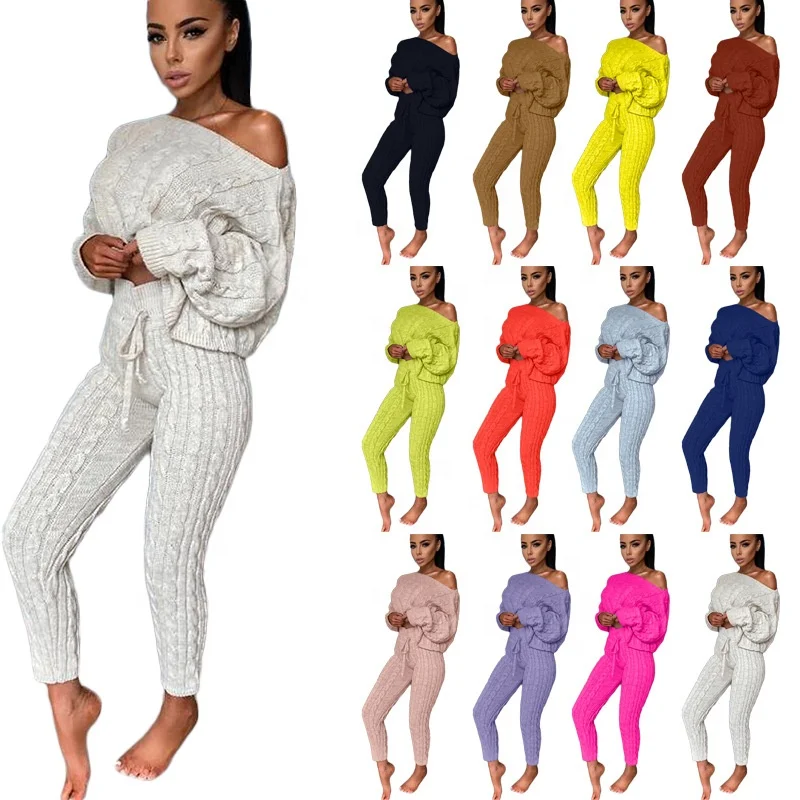 
2020 Fall Knitted Slim Fashion Long Sleeve Women Casual Solid Color Pullover Two Piece Sweater Set women 