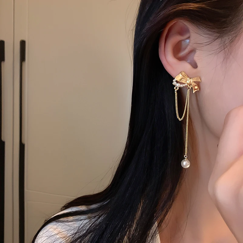 

new design bow long drop pearl earring