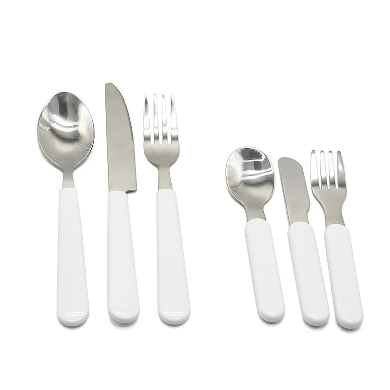 

Custom design children stainless steel spoon fork knife sublimation blank cutlery flatware sets, White