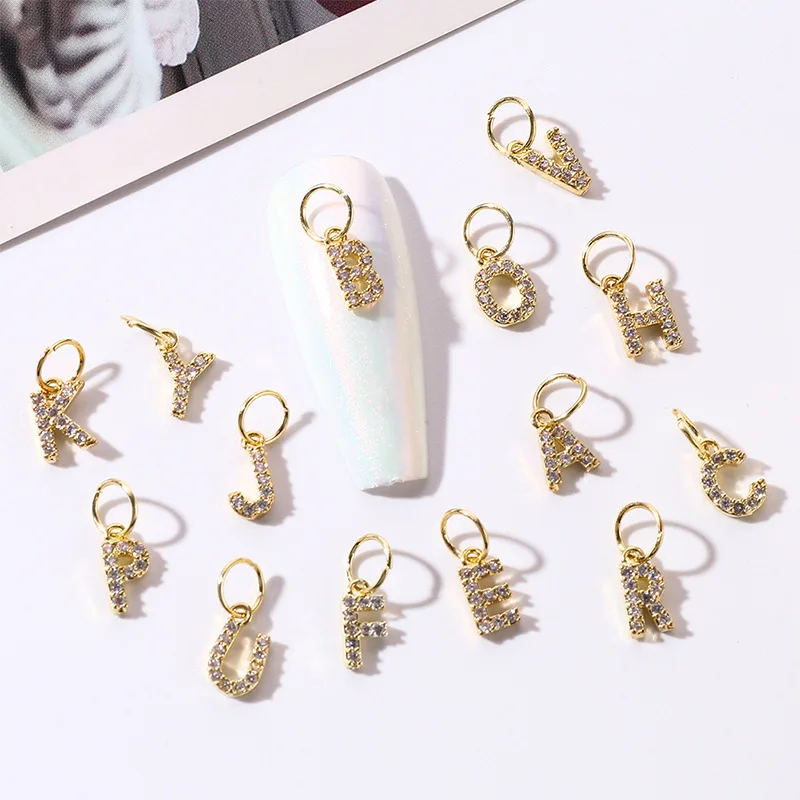 

Best Selling Nail Art Metal Zircon 3D Letters Nail Dangle Charms Wholesale For Nail Designer, Gold colors