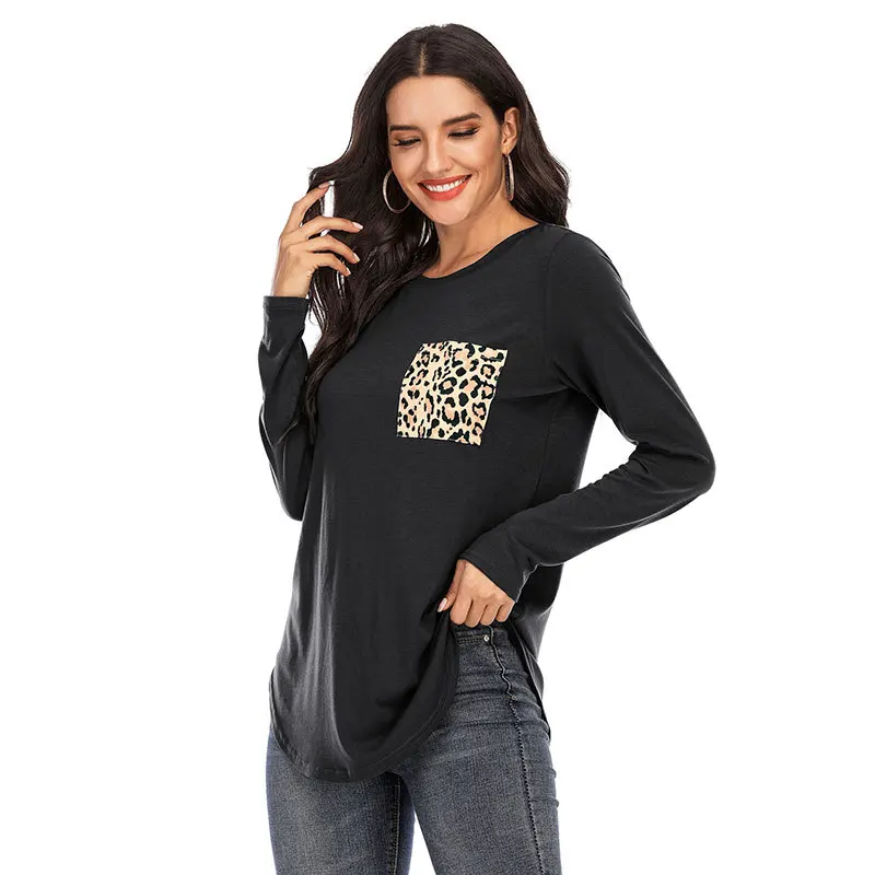 

Long Sleeve Crew Neck Solid T-shirt with Leopard Pockets