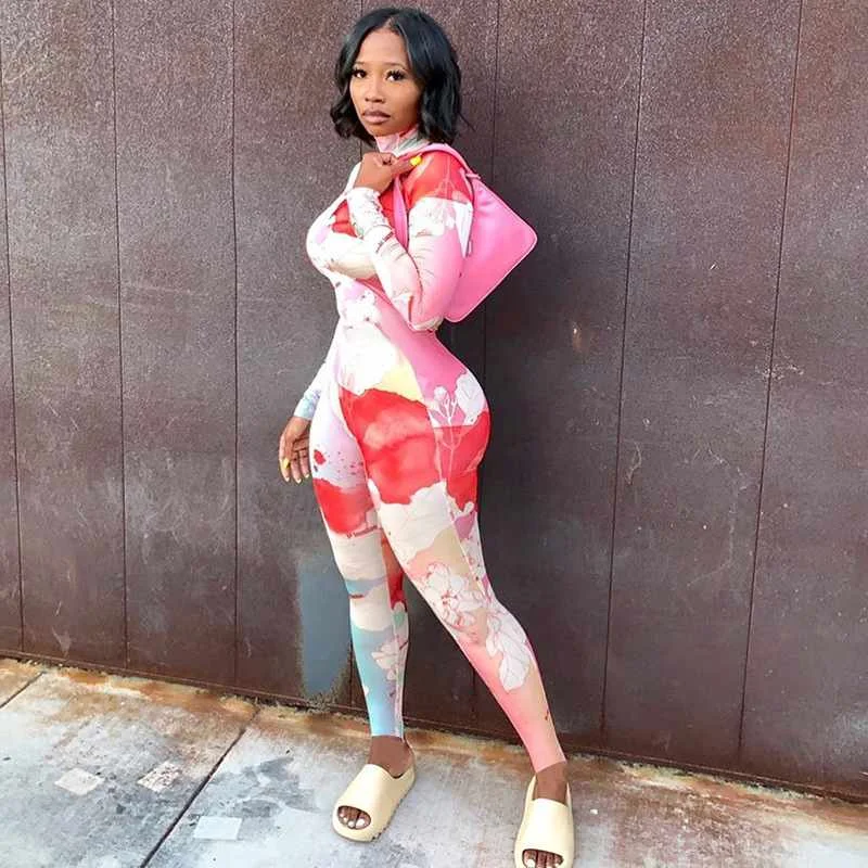 

Milk Silk Fabric Printed Sport Fall Long Sleeve One Piece Fitness Jumpsuit For Women, 4 colors