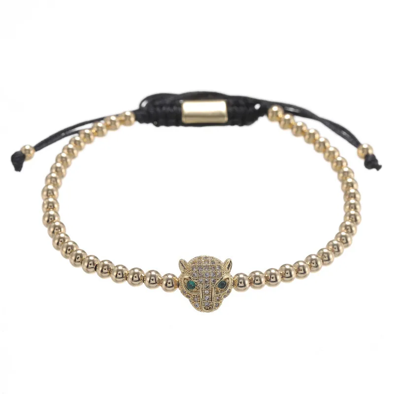 

European Wholesale Simple Punk Men's Hand Woven Adjustable Copper Bead Micro Inlay Zircon Leopard Head Braided Bracelet