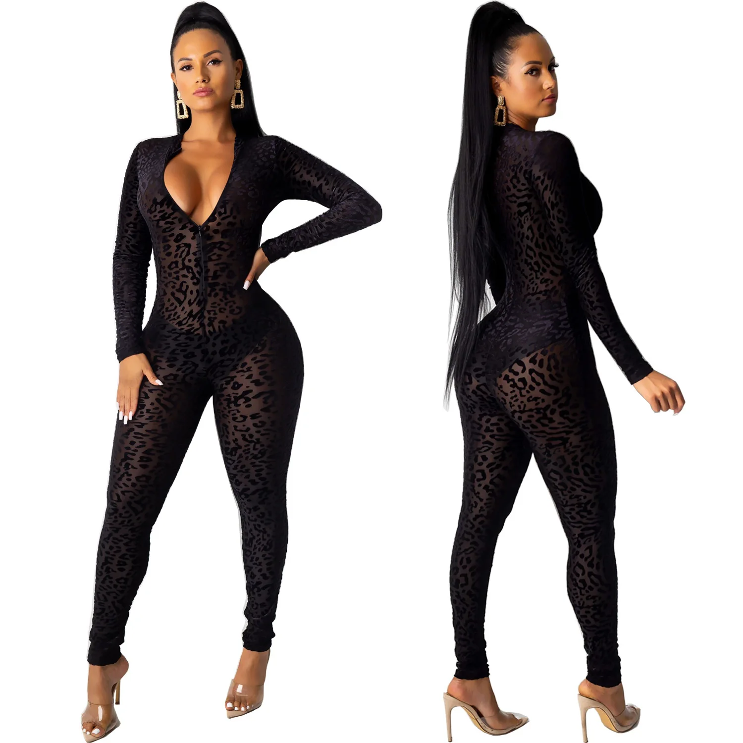 

Autumn winter sexy women's Sexy Leopard Mesh Flocking Long Sleeve nightclub jumpsuit Womens Romper Summer Jumpsuit Women 2021