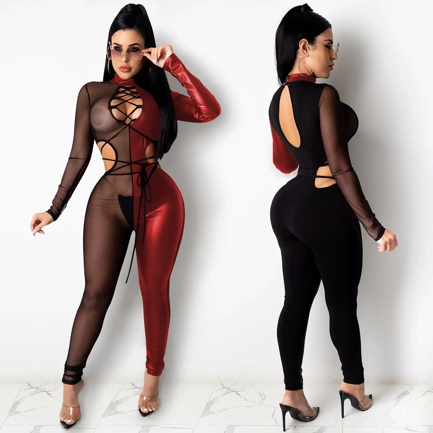 

S848A 2021 Fashion sexy jumpsuit leather pants mesh sexy cross strap jumpsuit, Black/red/golden