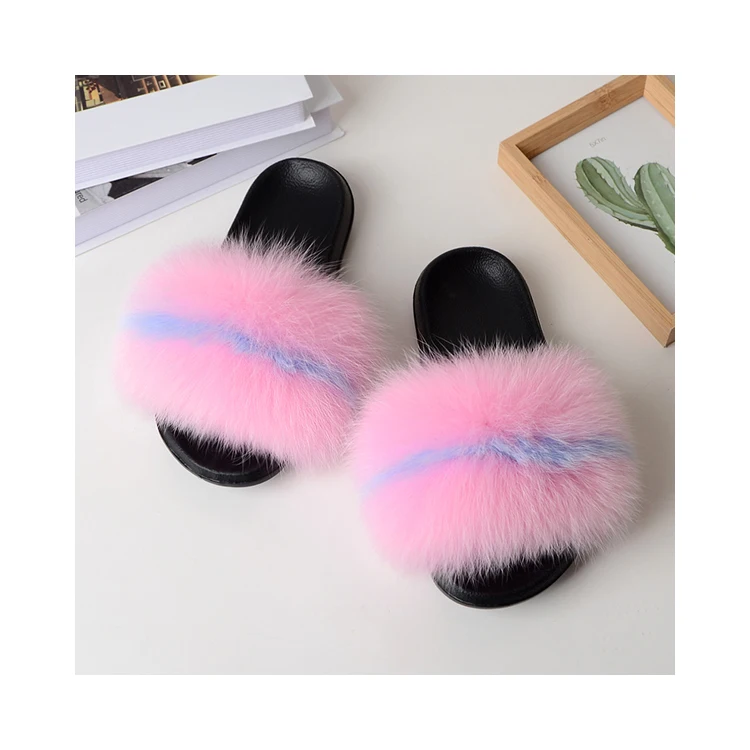 

Custom Logo Colorful Ladies Summer Cute Real Fox Fur Furry Slides Slippers Big Fluffy Slides, Customized color