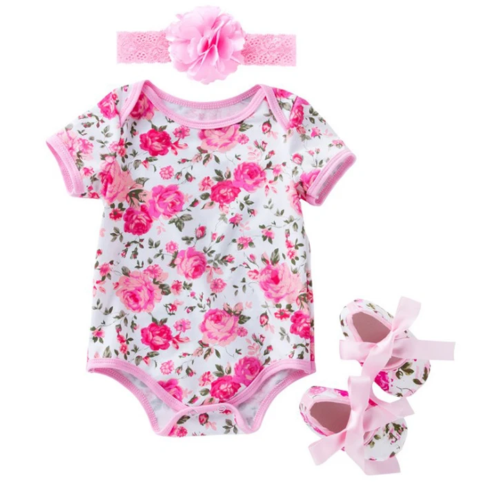 

New product summer cotton baby girl jumpsuit 0-24 months baby shoes set 4 colors wholesale baby romper