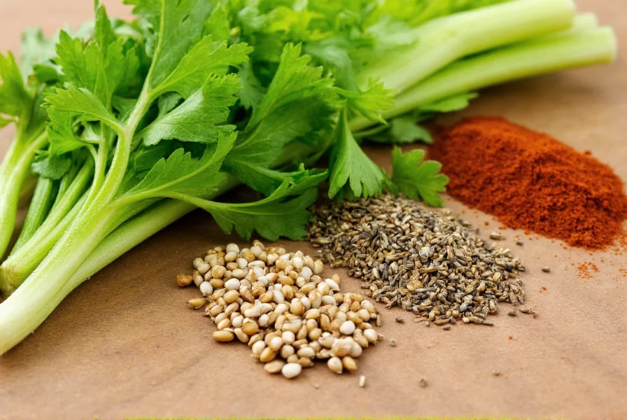 Close-up of celery leaves, celery seeds, and alternative spices arranged on wooden table for comparison