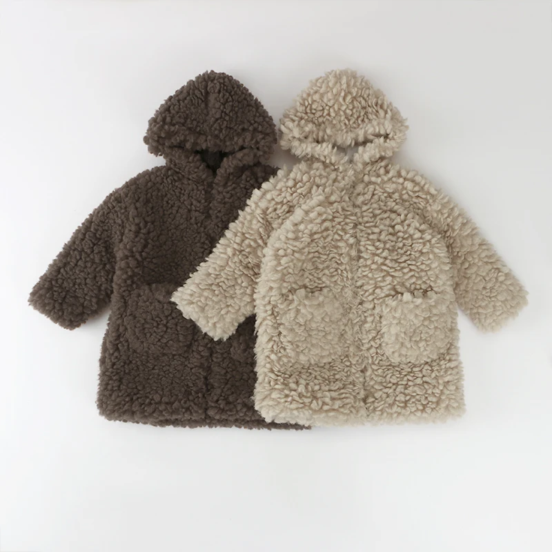 

2021 Fashion Fleece Fuzzy Faux Shearling Zipper Hooded Kids Coats Warm Winter Outwear Children Jackets, Picture