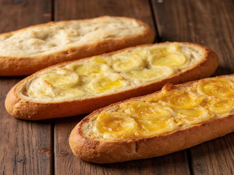 Three garlic bread variations on rustic wooden table