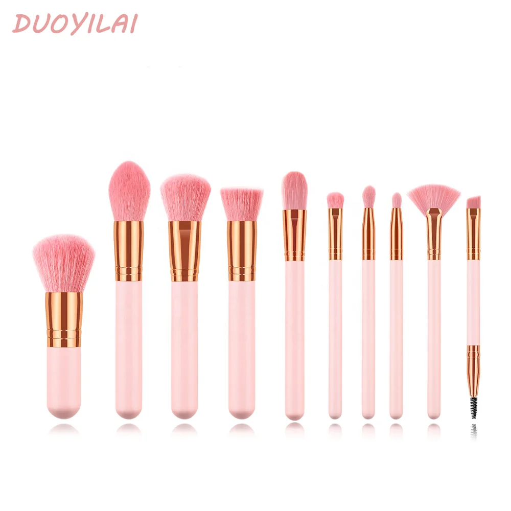 

Professional Luxury Skin Friendly Travel 10pcs Cosmetic Brush Kit Eyeshadow Lip Wood Handle Nylon Hair Pink Make Up Brush Set, Pink gold