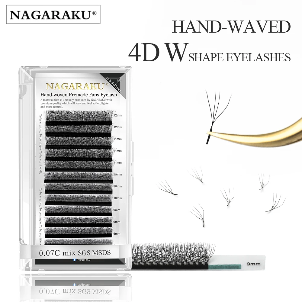 

NAGARAKU W Shape Hand Waved Premade Fans Eyelash Extensions Full 4D Lashes Natural Soft Light Individual Matte Dense Makeup, Dark black