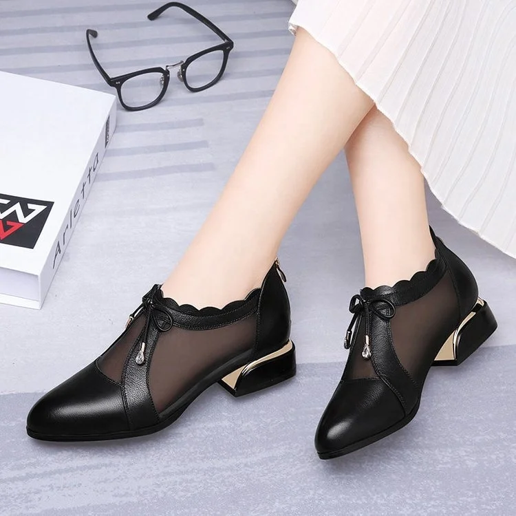 

Women's Fashion Casual Solid Pointed Toe Slip On Square Heel Lace Leather Shoes