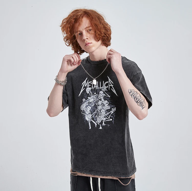 

Wholesale Men Hip Hop Printed Acid Wash T shirt, Black wash