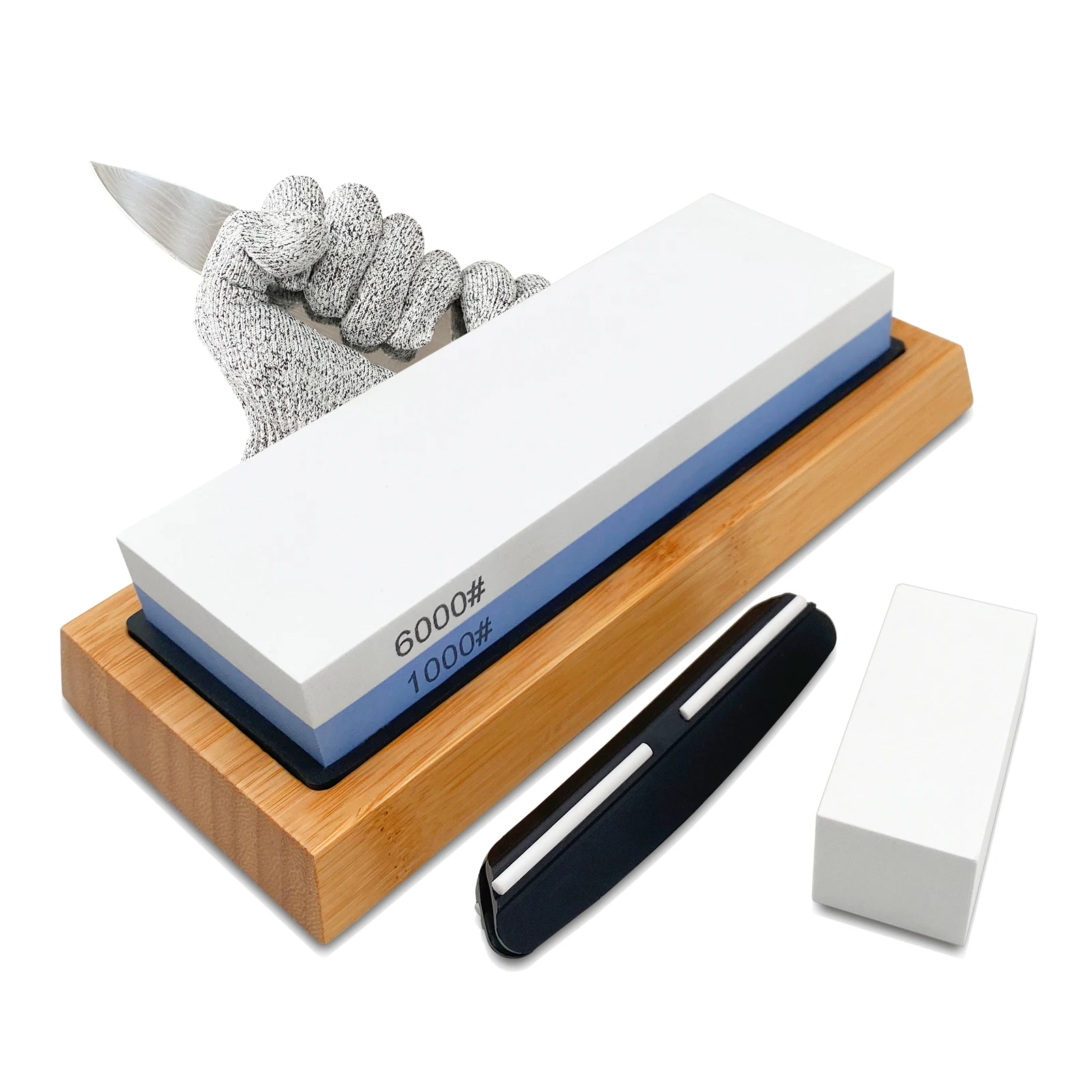 

Knife Sharpening Stone Set 2 Side - Grit 1000/6000 blue Whetstone Knife Sharpener with Glove NonSlip Bamboo Base Angle Guide